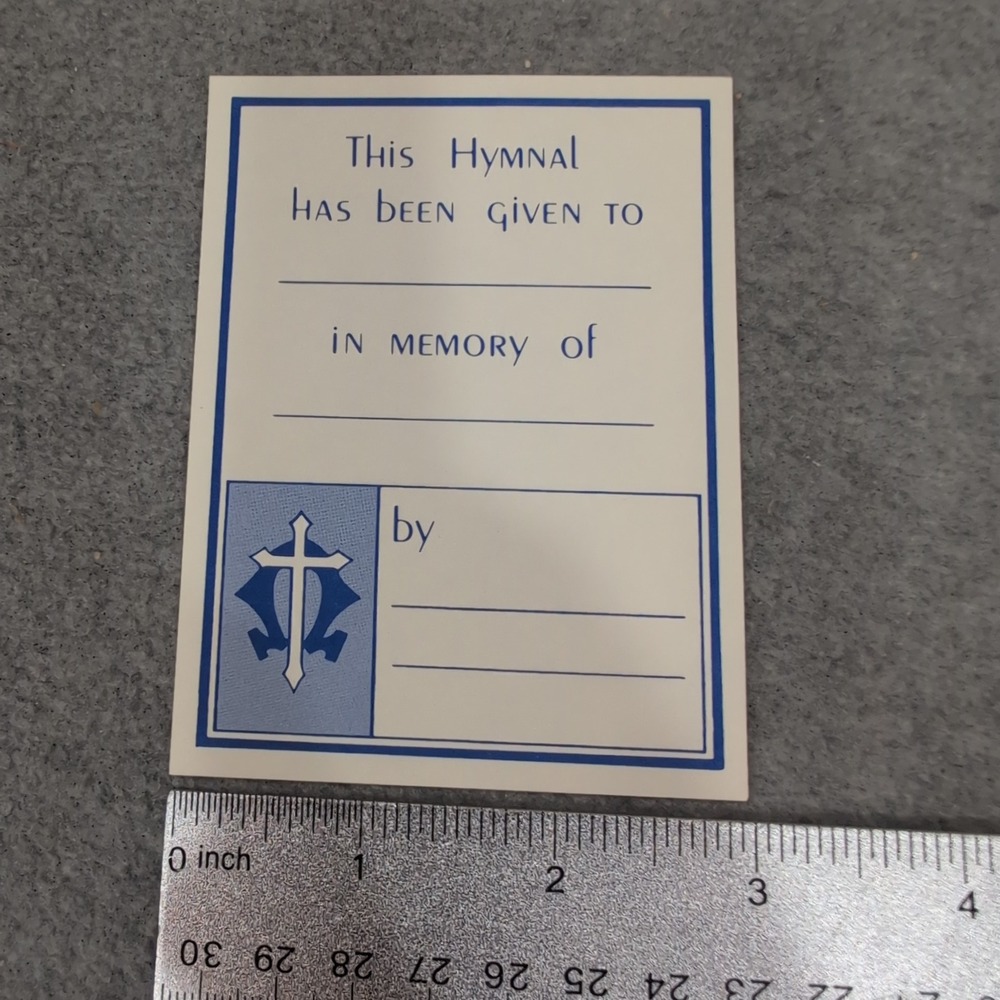 Vintage Hymnal Bookplate Memorial Donation Label Blue Cross Religious Ephemera - Picture 2 of 2